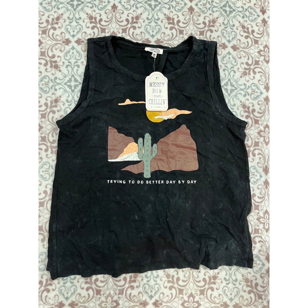 Messy Bun Just Chillin Womens Desert Cactus Graphic Open Knot Back Tank Top M